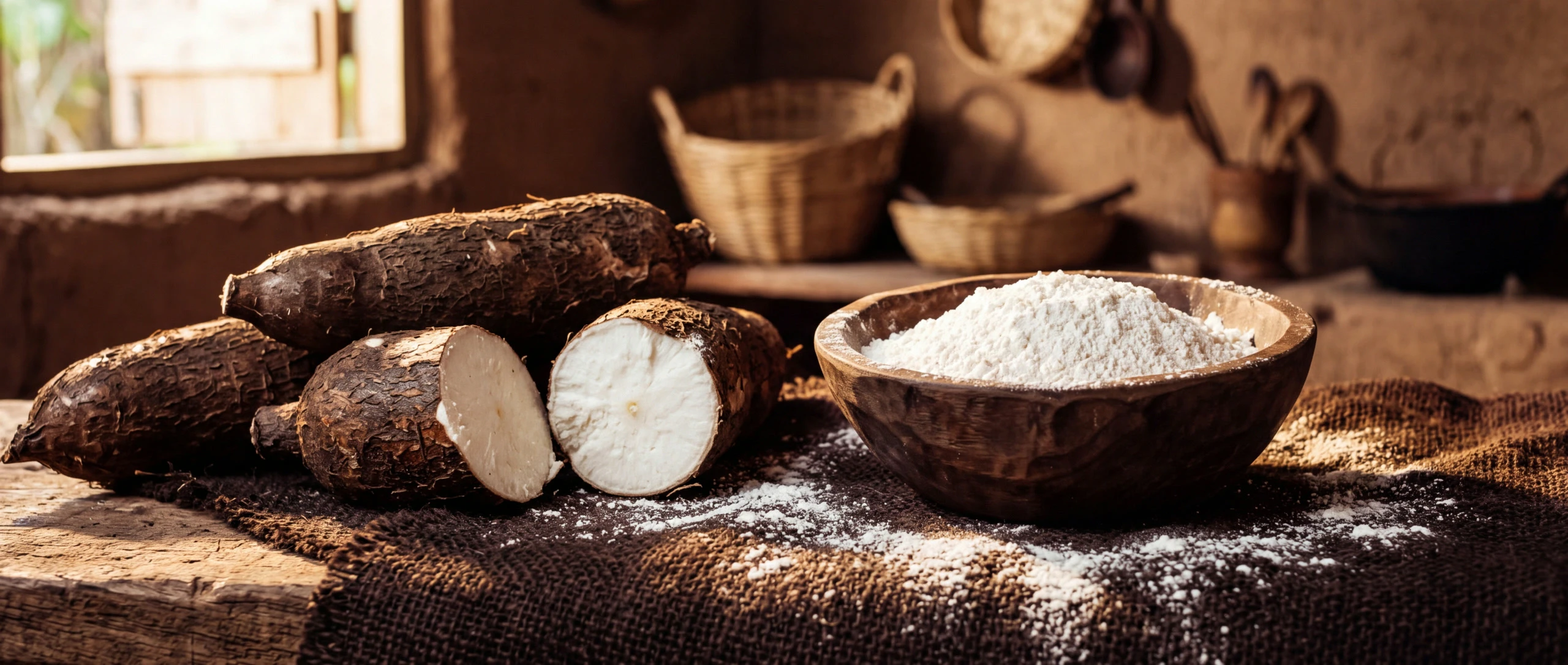 Fresh cassava roots and a bowl of fine cassava flour on dark burlap