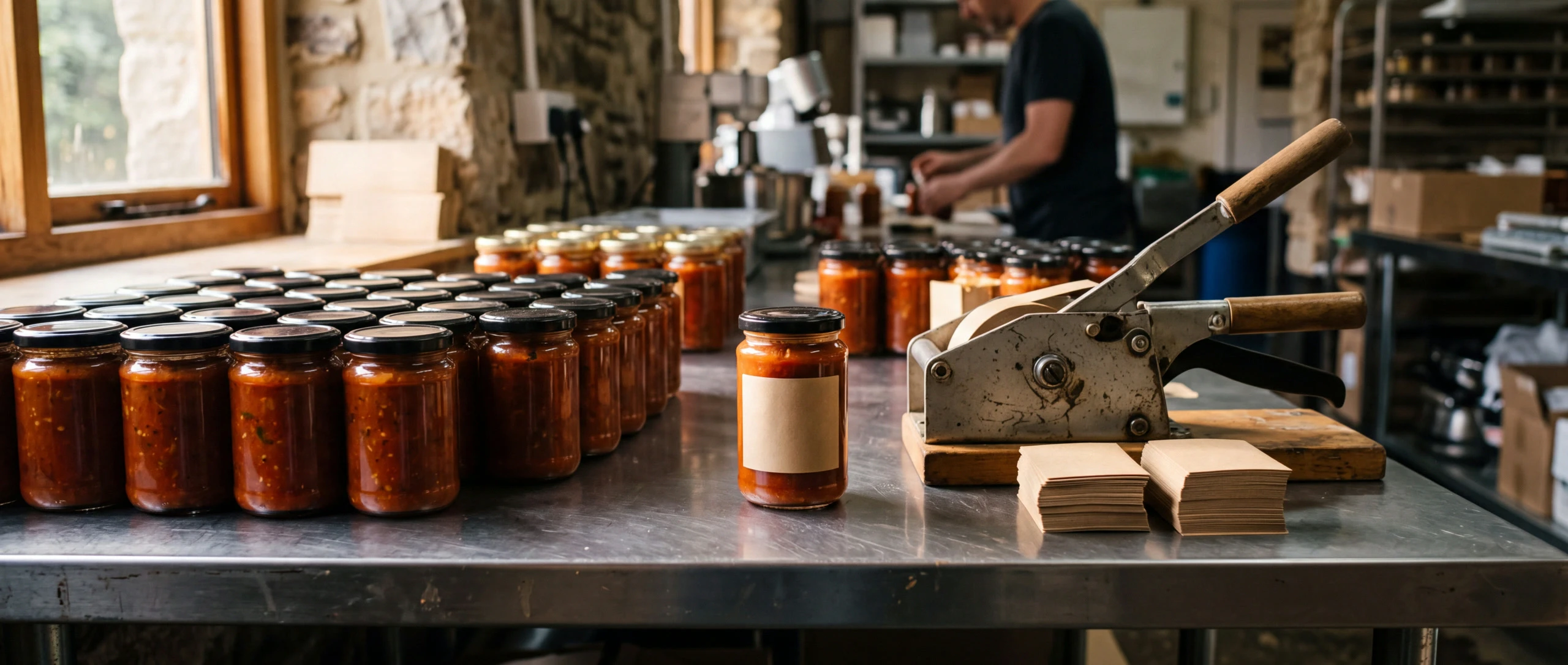 Rows of filled jars beside a label applicator and stacks of blank labels on a stainless bench