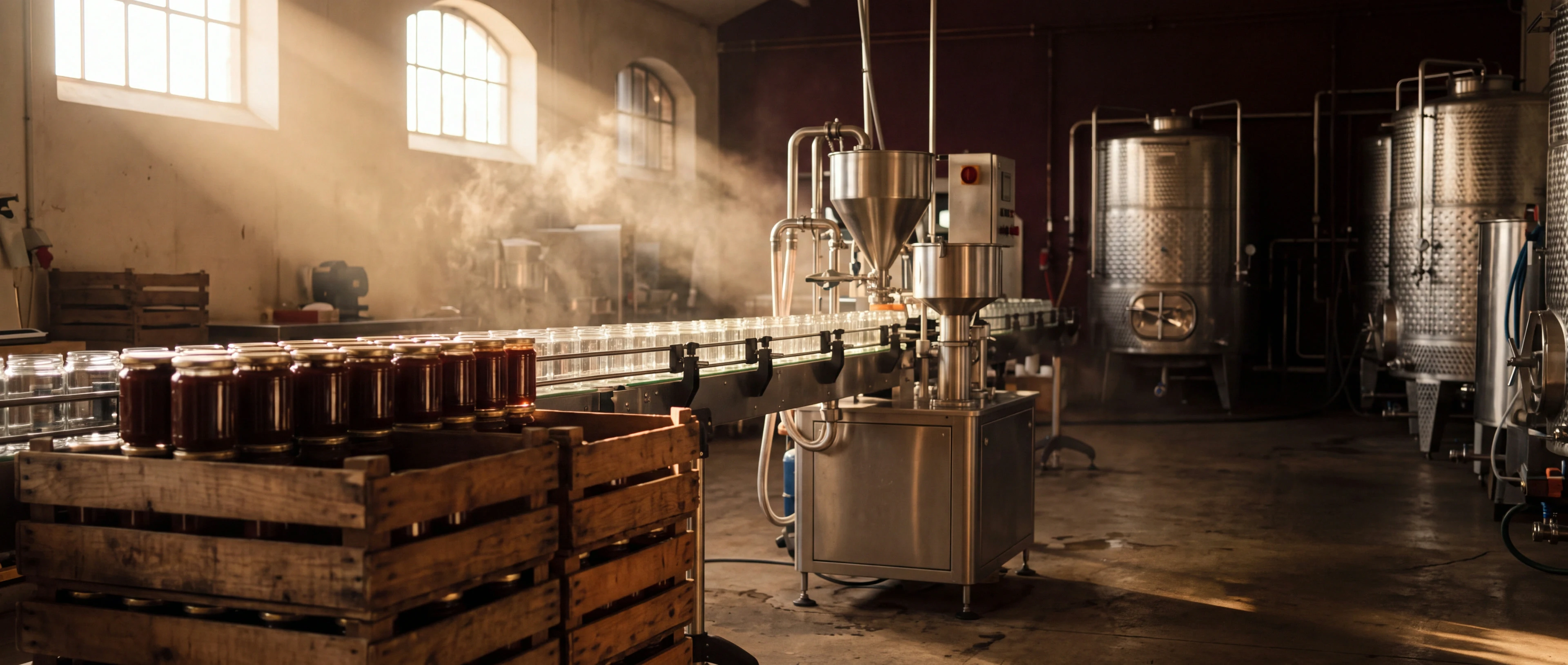 A small-batch filling line placing glass jars in a row while steam drifts through warm window light