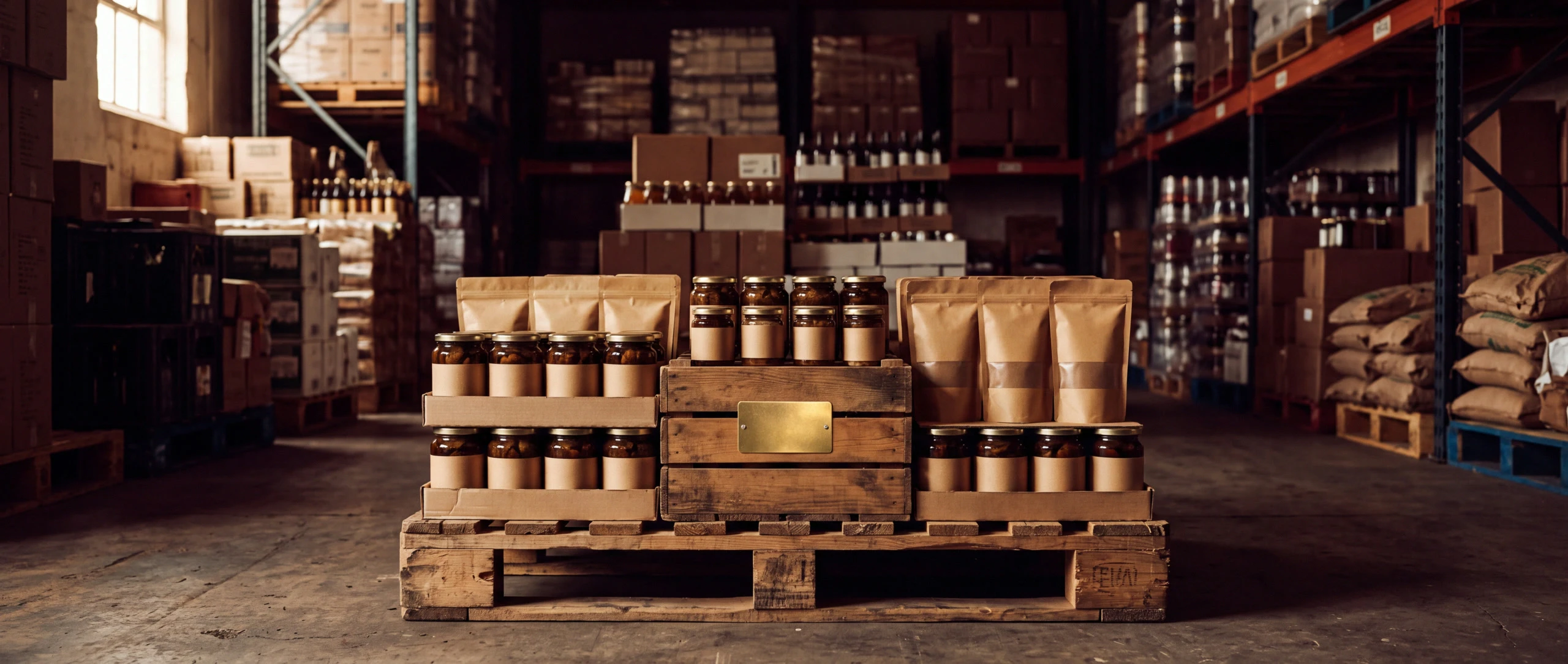 A warehouse pallet of jars and kraft pouches with one crate carrying a small brass tag
